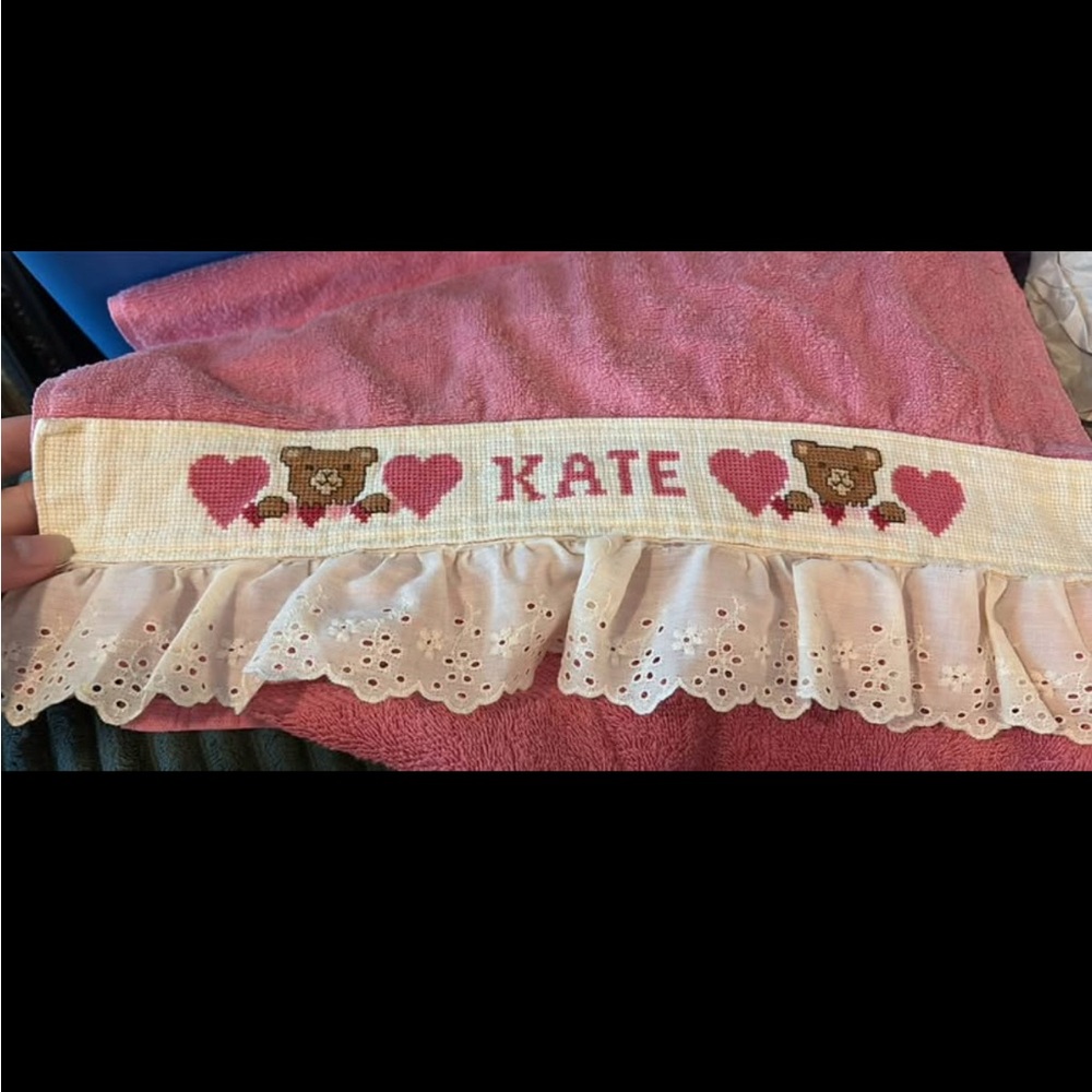 Vintage Personalized Bear and Heart Embroidered Fabric